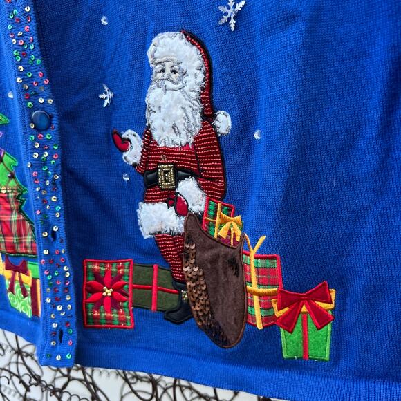 Vintage Blue Light Weight Christmas Cardigan Sweater Santa Presents Tree SMALL - Picture 3 of 9